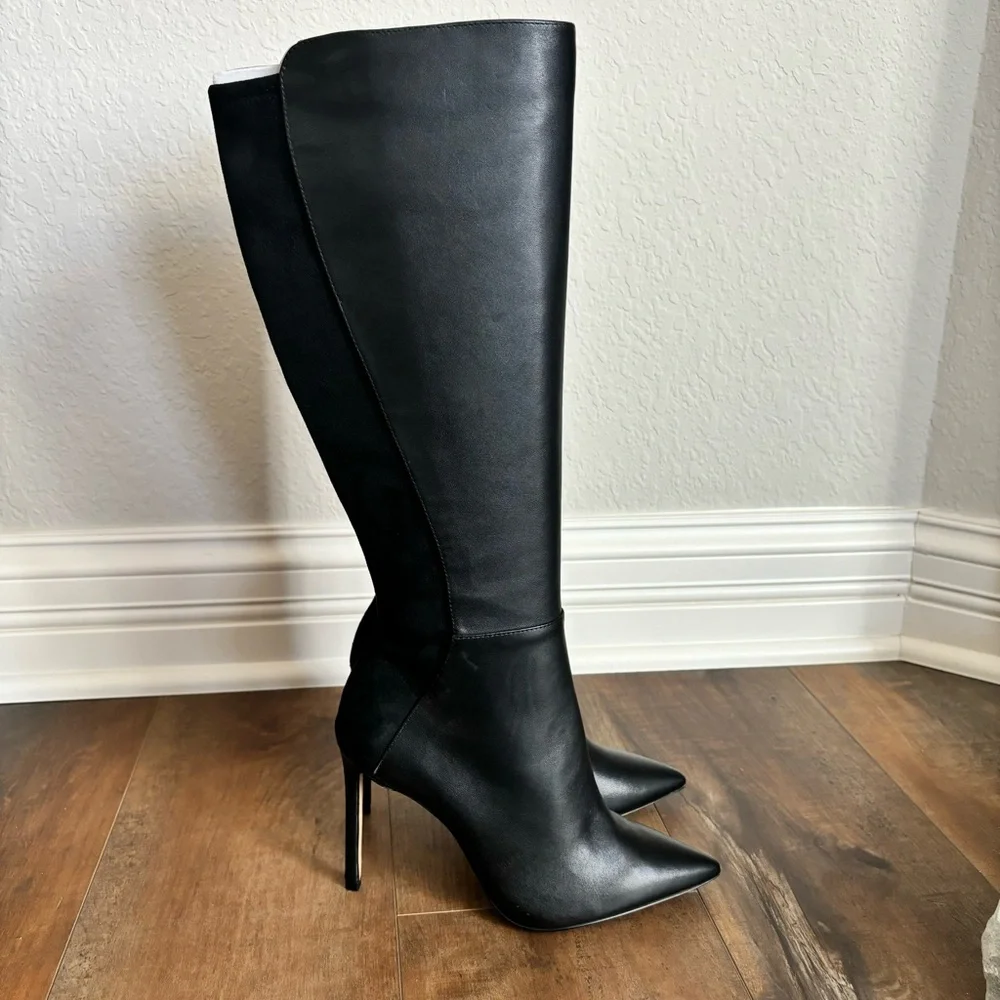 ALDO Women Size 7 Milann Pointed-Toe Tall 4” Stiletto Heel Black Leather Boots - Picture 2 of 12